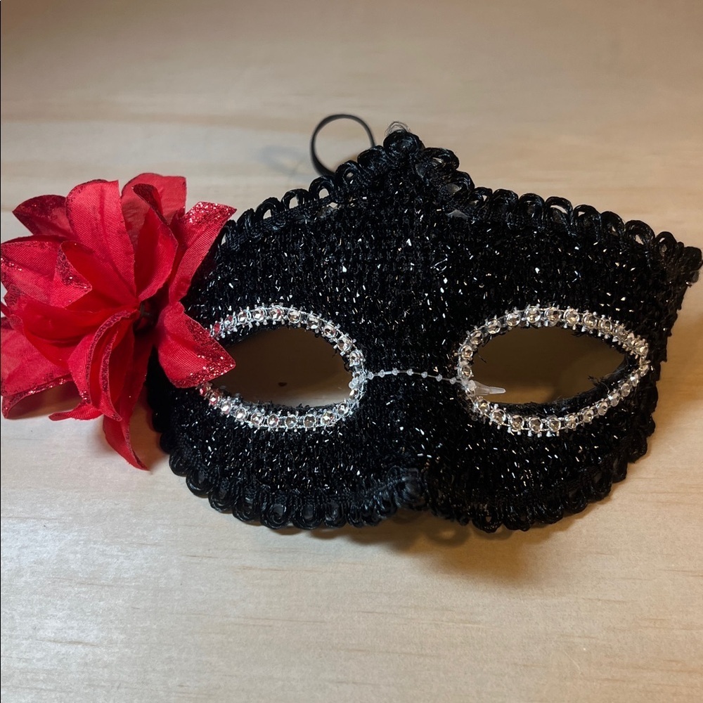 NWT Black Lace Masquerade Mask with Red Flower